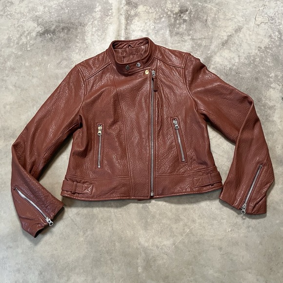 DEREK LAM 10 Crosby Lambskin Leather Moto Jacket Womens Brown‎ Cognac